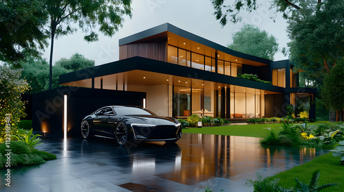 create a traditional Pakistani house with clean modern aspects in a suburban neighbourhood. Peaceful vibes. A luxury car parked in the porch