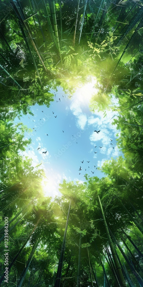 Obraz premium Looking up through a canopy of bamboo into a bright blue sky. AI.