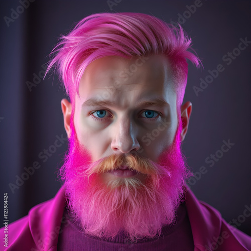 Modelo masculino con estilo único y barba rosa en estudio.