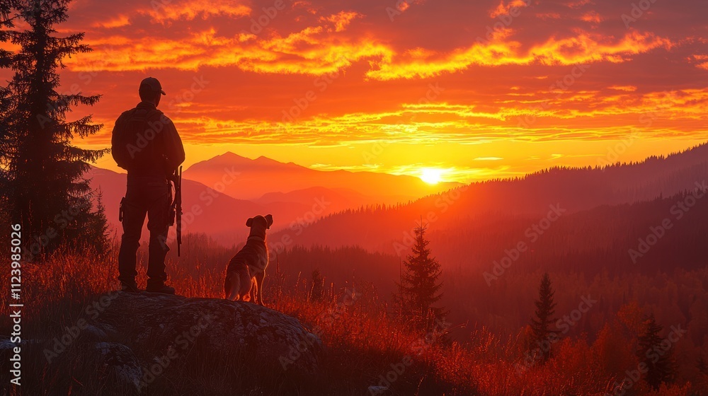 Fototapeta premium Hunter and dog silhouette at sunset, overlooking mountain range.
