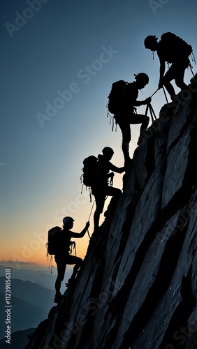 silhouette of a mountain climbing team