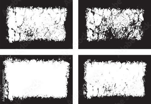 set of grunge banners, Distressed Grunge Frame Design Collection, Four Unique Rectangular Frames with Intricate Crack, Scratch, and Texture Patterns for Edgy and Creative Visual Projects