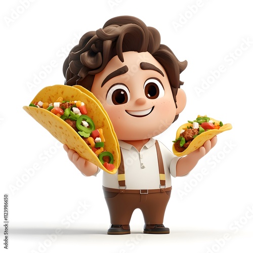 A 3D cartoon human character eating a spicy taco white background