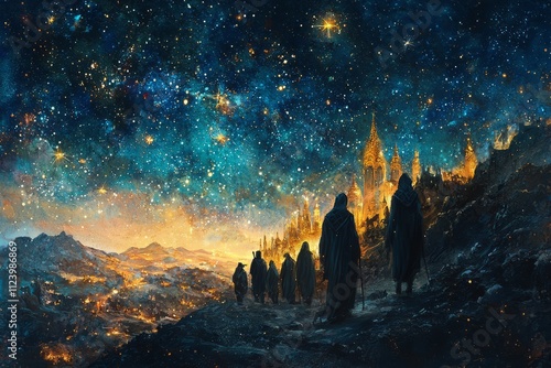 An Epiphany card with a starry night and the wise men’s journey. The scene is filled with wonder and anticipation