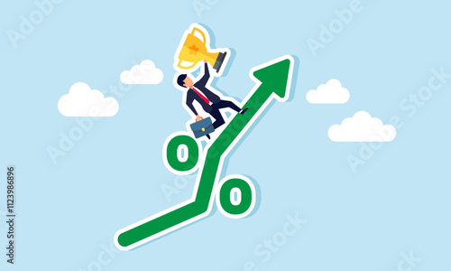 A businessman carries a trophy and runs up a percentage sign, illustration of revenue and profit growth for a leading company