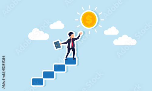 A businessman stands at the top of a ladder reaching for a glowing dollar coin, illustration of efforts to achieve business profits
