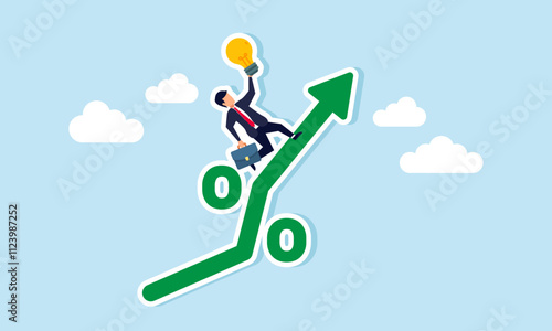 A businessman carries a lamp and runs up a percentage sign, illustration of ideas and creativity in increasing the company's profit percentage