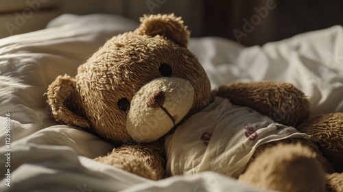 wounded plush toy narrative, caramel teddy fur, medical dressing closeup, white linens setting, gentle shadows, pediatric care visualization, nostalgic photography style photo