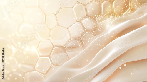 detailed epidermal structure with honeycomb grid, glowing energy pearl, warm beige backdrop, sophisticated skincare science, minimalist medical illustration photo