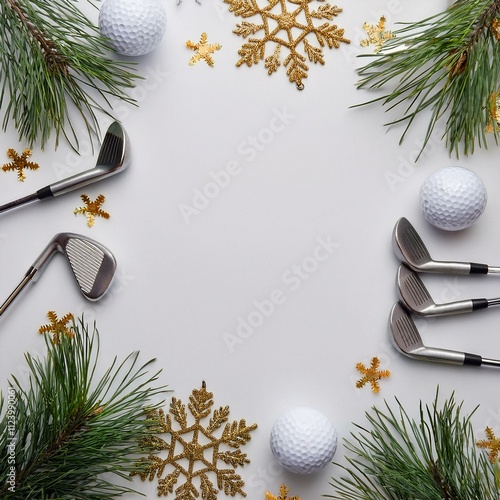 Winter golf frame photo background, Christmas golfing New Year golf clubs, balls, branches, and golden snowflake white border backdrop