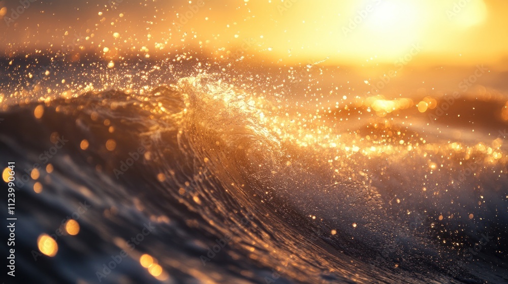 Obraz premium Golden sunset light illuminating an ocean wave with sparkling water droplets.