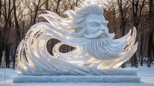 Majestic Ice Sculpture of a Bearded Man s Head with Flowing Hair, A Winter Wonderland Masterpiece photo