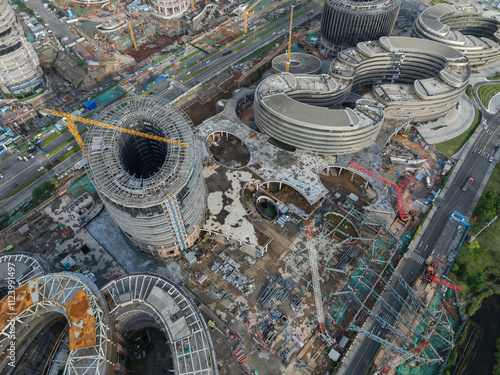 Aerial view of construction site of modern office buildings in Chengdu city, China photo