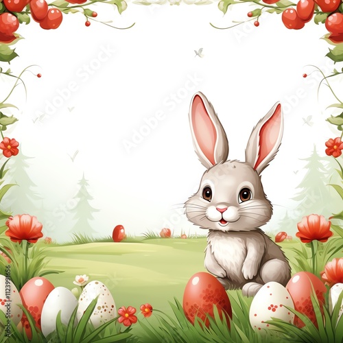 Blank Easter's Day red frame, Easter elements at boarder, couple cute smiling rabbits cartoon, eggs busget & green field at the corner. photo