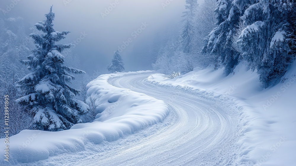 Obraz premium A winding snow-covered road through a serene winter landscape.