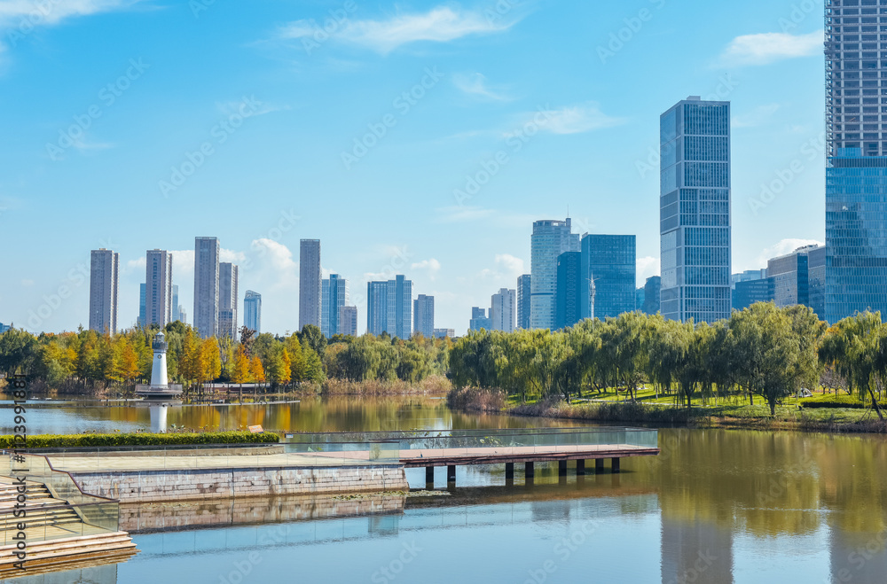 Fototapeta premium Beautiful landscape of golden autumn season at Yinzhou Park, with background of modern buildings of Southern Business District (Ningbo CBD) in Ningbo, Ningbo, Zhejiang, China