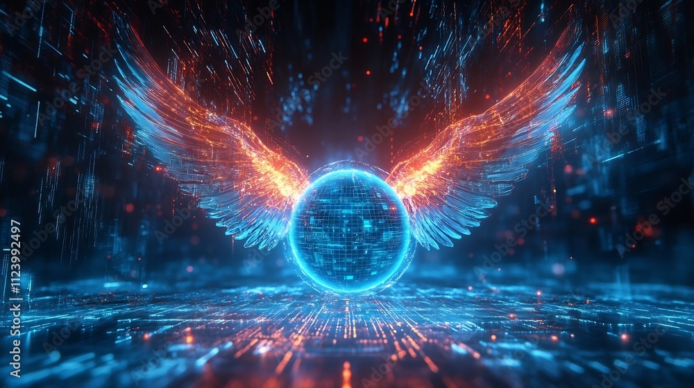 Obraz premium Dynamic Glowing Sphere with Winged Fantasy in Futuristic Digital Landscape