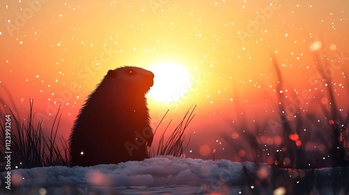 Silhouette of a Majestic Groundhog Embracing the Sunset s Warmth in a Snowy Landscape photo