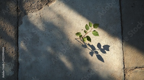 close up shot of resilient plant seedling growing between cement slabs, intricate detailed shadow pattern, harsh sunlight, minimalist botanical composition, earthy tones photo