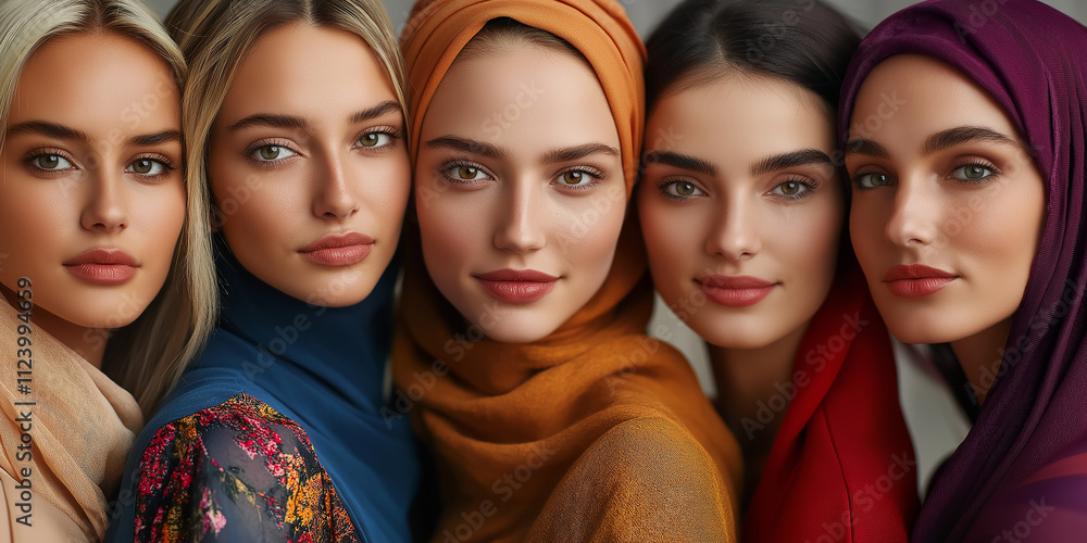 Obraz premium Five diverse women embracing cultural fashion and beauty trends