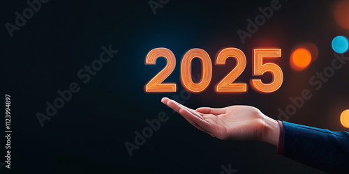 Businessman holding futuristic 2025 new year number above hand photo