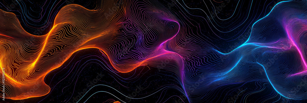 Obraz premium A futuristic and high-tech background featuring glowing neon lines on black, forming intricate circuit patterns with vibrant colors like blue, orange, purple, or yellow, generative AI