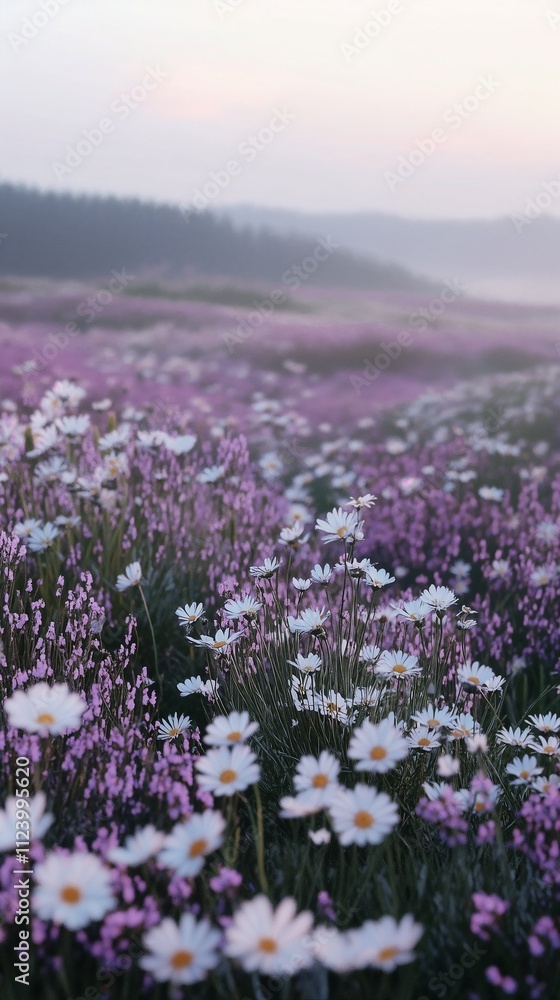 Obraz premium Dreamy wildflower field with layers of mist and soft pastel tones. Perfect for themes of peace and nature.