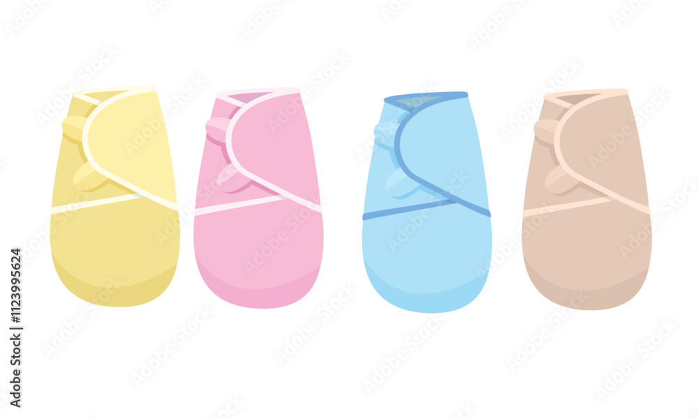 Fototapeta premium Baby swaddle vector illustration with different colors. Swaddle to wrap newborn baby for sleeping. Baby element vector. Flat vector in cartoon style isolated on white background.