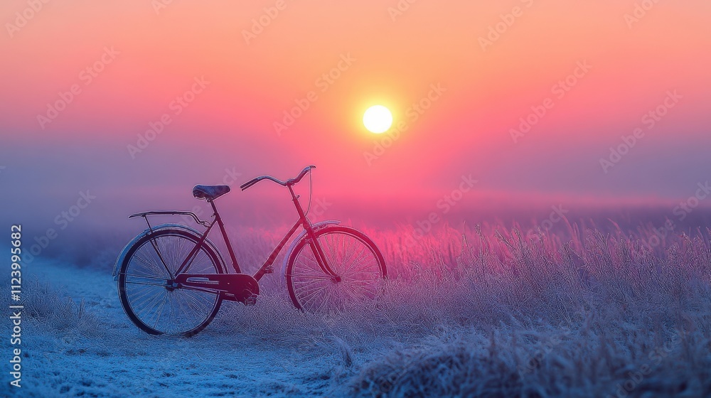 Fototapeta premium A vintage bicycle rests in a frosty field at sunrise, creating a serene and tranquil scene.
