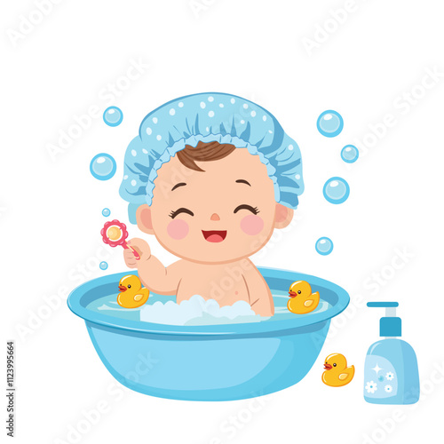 Cute baby takes a bath in blue bathtub with bubble. Happy baby bathes with foam and toys. Baby element vector. Flat vector illustration in cartoon style isolated on white background.