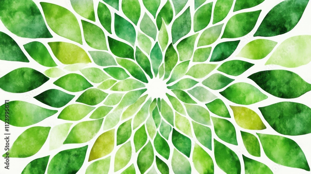 Obraz premium Abstract circular pattern of green triangular leaves, lime and forest green watercolor wash, white negative space, modern botanical design, geometric nature art, radial arrangement