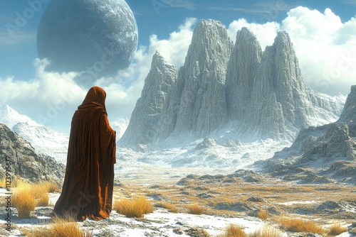 A mysterious journey of a cloaked figure across alien landscapes otherworldly mountains digital art fantasy environment wide angle view photo