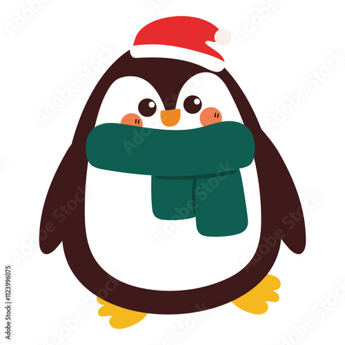 cute hand drawing cartoon penguin wearing santa hat and scarf. cute bear drawing for christmas sticker photo