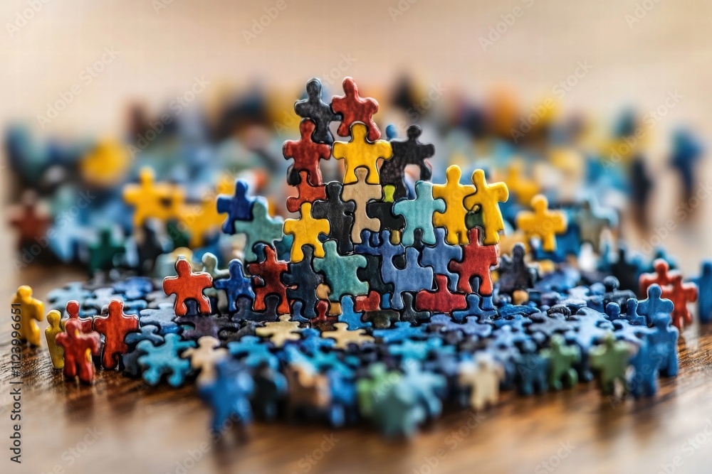 Obraz premium Puzzle assembly action indoor space colorful puzzle pieces creative environment close-up view mindfulness concept