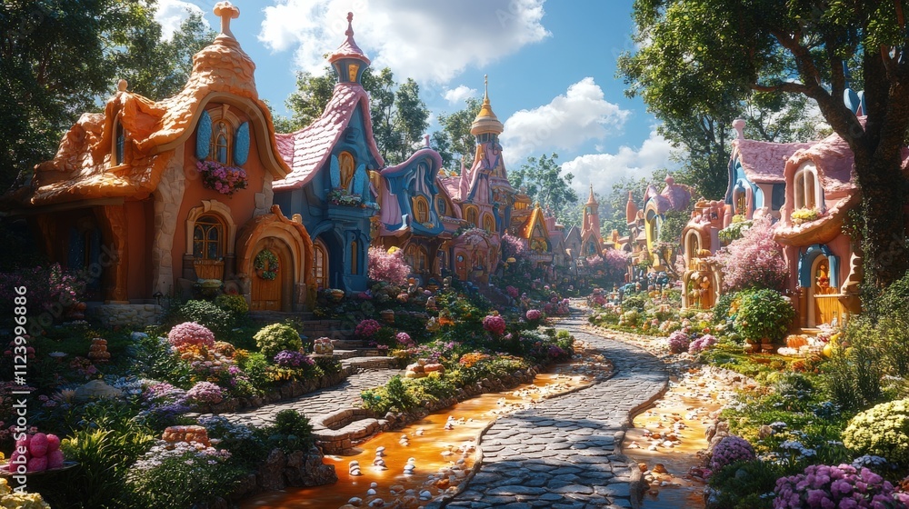 Obraz premium A whimsical village scene with colorful houses, flowers, and a serene pathway.