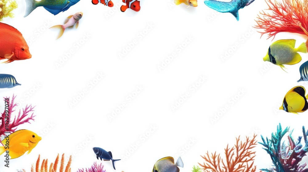 Fototapeta premium A vibrant illustration of various tropical fish and coral, framed for decorative or educational use.