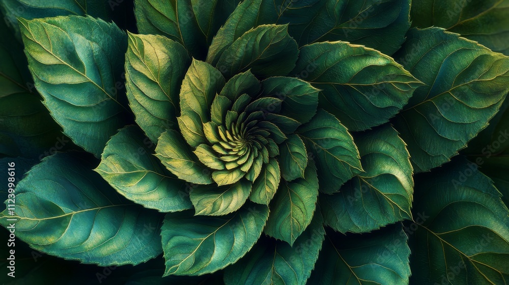 Obraz premium hyper-detailed botanical pattern, spiral formation of leaves, emerald green gradient, natural geometry, abstract nature composition, layered depth effect, ultra-sharp details, radial symmetry,