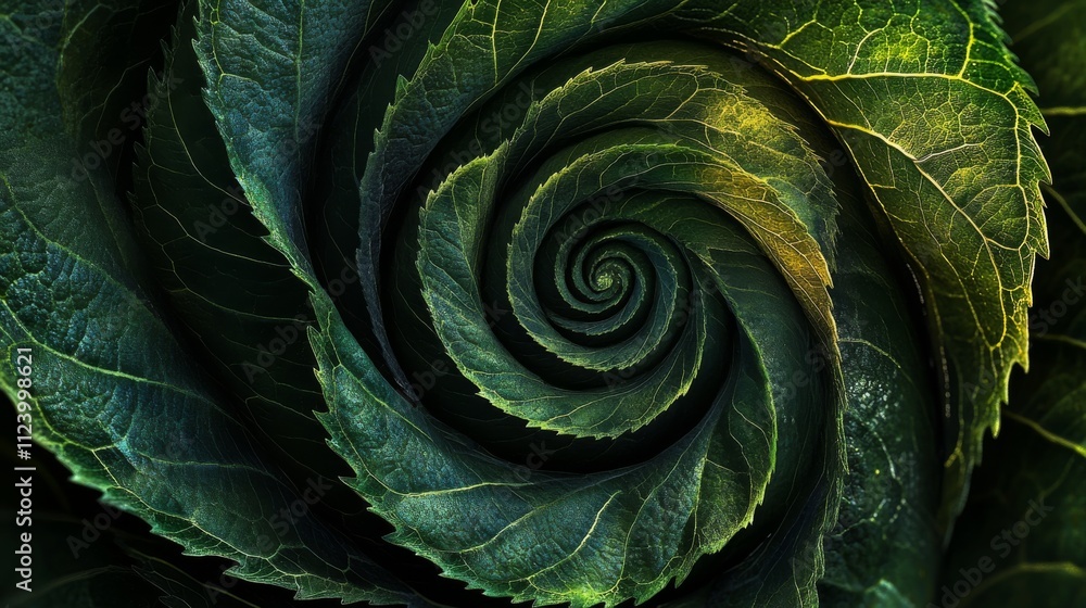 Obraz premium digital art, organic spiral pattern, vibrant green leaves, intricate details, fractal design, fibonacci sequence, centered composition, dark background, symmetrical arrangement, nature-inspired