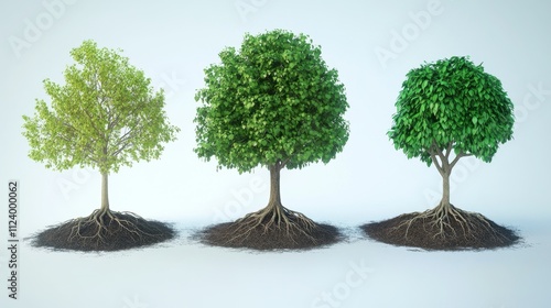 Time-lapse visualization of tree development phases, detailed root structure beneath soil, organic growth pattern, verdant leaves, environmental documentary style, scientific illustration, isolated photo