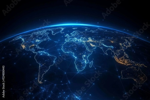 Illuminated blue earth map showcased in a vibrant graphic design.