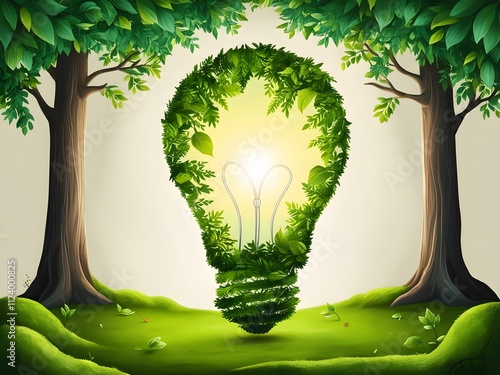 Eco-friendly innovationlight bulb made of leaves in a lush forest setting nature art vibrant green environment photo