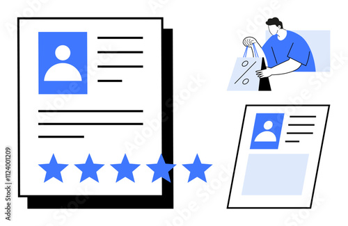 Profile documents with picture and text, a row of five blue stars, and a shopper carrying a discount bag. Ideal for e-commerce, customer reviews, online shopping, marketing, user feedback, retail