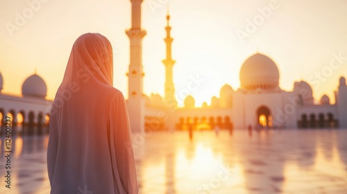 A woman in traditional attire observes a grand mosque at sunset, with golden light creating a peaceful ambiance. photo