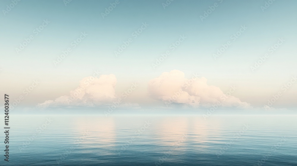Obraz premium Serene seascape with fluffy clouds reflecting on calm water at dawn or dusk.