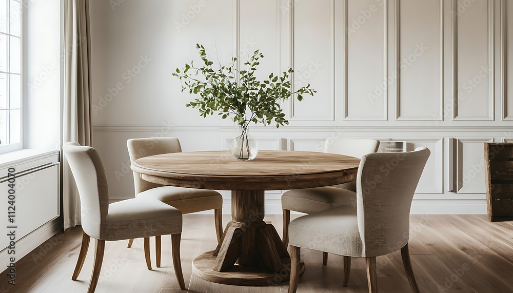 Fototapeta premium Elegant Round Wooden Dining Table with Beige Chairs Greenery