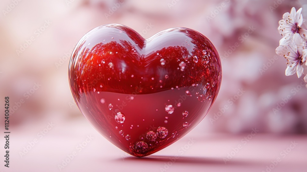 Fototapeta premium A glossy red heart with bubbles, symbolizing love and affection.