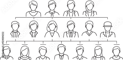 Team hierarchy illustration with outlines of employees organized in a structured corporate ladder representing organizational hierarchy and teamwork