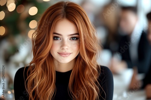 Wallpaper Mural A woman with red hair is smiling and posing for a picture. She is wearing a black shirt and has her hair styled in a way that makes it look long and voluminous. The image has a warm and friendly vibe Torontodigital.ca