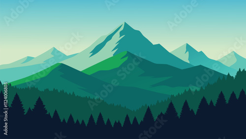 Mountain range adorned with lush grass and trees, showcasing the beauty of natures landscape flat vector illustration natural background