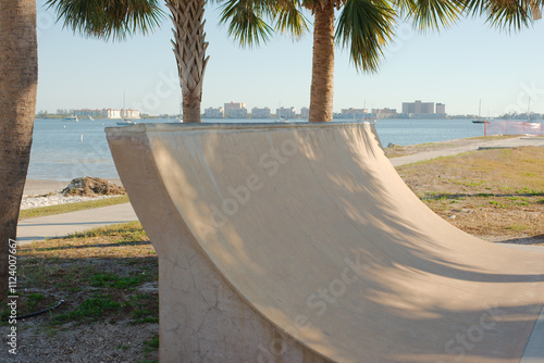 Skate Park at The Gulfport Recreation Center half-pipes, handrails, palm trees, funboxes, vert ramps, stair sets, quarter pipes, ledges, spine transfers, pyramids, and banked ramps. In Gulfport, FL photo